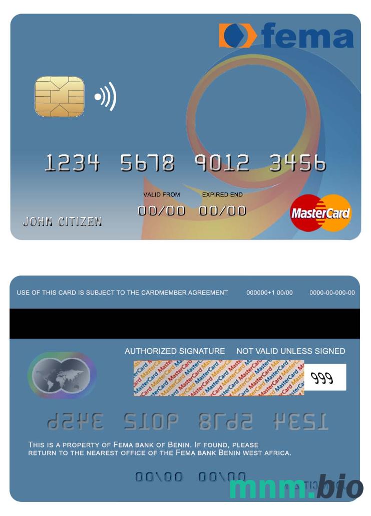 Benin Fema bank przykład karty mastercard w formacie PSD